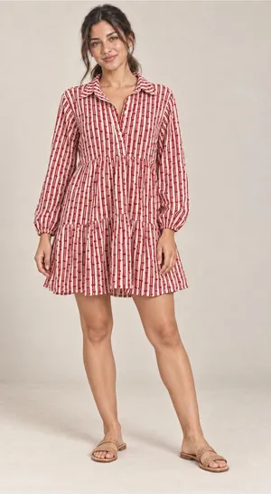 Maeve Anthropologie Red White Printed Tiered Shirt Dress Size Medium thumbnail 1