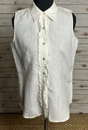 edward white sleeveless 100% Irish linen ruffled front button-up blouse Small thumbnail 1