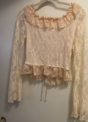 Womens Off The Shoulder Lace Top S 34” Ivory Lace Up Front Long Sleeve Boho thumbnail 1