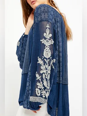 Free People Blue Embroidered Boho Indigo Dreams Tunic Top Medium thumbnail 3