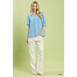 Umgee Gingham Puff Sleeve Collared Blouse - Blue -‎ Small thumbnail 5