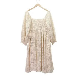 Storia Floral Lace Midi Dress Cream Long Sleeve Square Neck Fit Flare Medium thumbnail 3