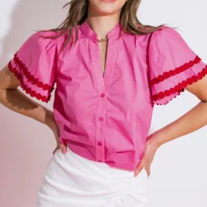 NWT Bibi Pink V Neck‎ Poplin Blouse puff shoulder Sz S thumbnail 1