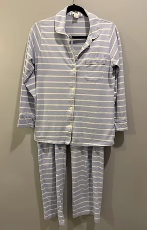 J. Crew Striped Button-Down Long Sleeve Pajama Top and Pants Set Blue and White thumbnail 1