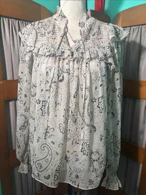 Boho Paisley Ruffle Blouse in Cream and Black thumbnail 1