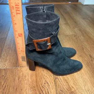 Theory Black Suede Ankle Boots Brown Buckle Stacked Heel Made in Italy Size 7.5 thumbnail 6