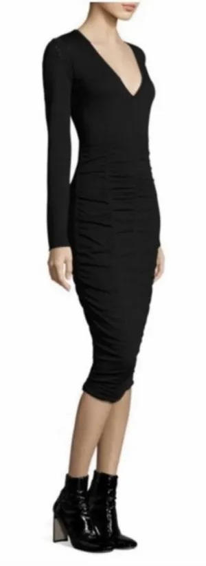 NEW Opening Ceremony Womens‎ Long Sleeve Ruched V Neck Midi Dress Black Large thumbnail 1