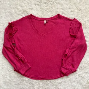 Anthropologie Pilcro Top Ruffled V-Neck Shirt Waffle Knit Raspberry Pink L thumbnail 5