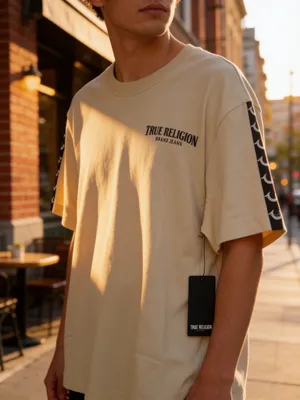True Religion Men's Logo Tape T-Shirt in Beige thumbnail 1