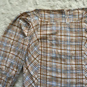 Free People Top Button Back Puff Sleeve Plaid Tan Blue S thumbnail 5