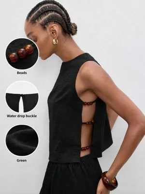 🦓🦓🦓BOGOHO🦓🦓🦓Black Sleeveless Wide-Leg Jumpsuit with Side Beaded Accents-12 thumbnail 4