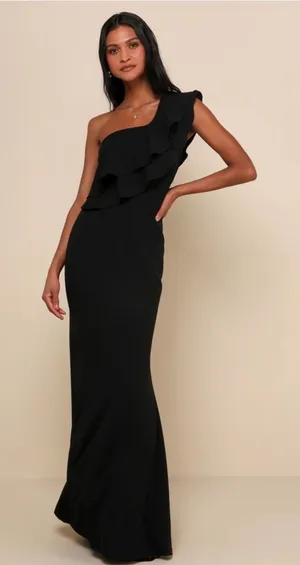 Lulus Ruffle Some Feathers Black One-Shoulder Mermaid Maxi Dress Size S thumbnail 1