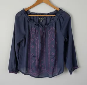 American Eagle Medium Sheer Blue Boho Peasant Blouse Pink Embroidery Tassel thumbnail 1