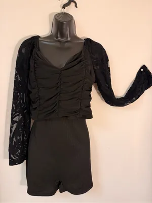 Black Ruched Lace Sleeve Cropped Top thumbnail 1