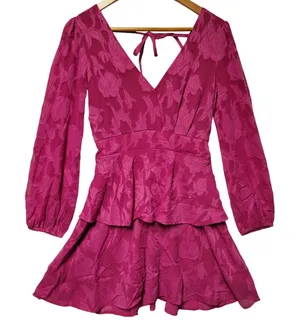 NWT Pink Floral Tiered Mini Dress Wedding Guest Easter Party Long Sleeve Size‎ S thumbnail 1