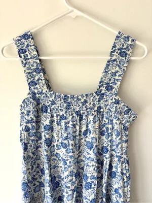 Old Navy Blue White Floral Sleeveless Midi Dress Square Neck Vacation Costal thumbnail 2