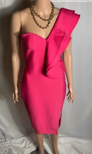 Hot Pink One Shoulder Ruffle Midi Bodycon Dress Size M Slit Back Zip thumbnail 1