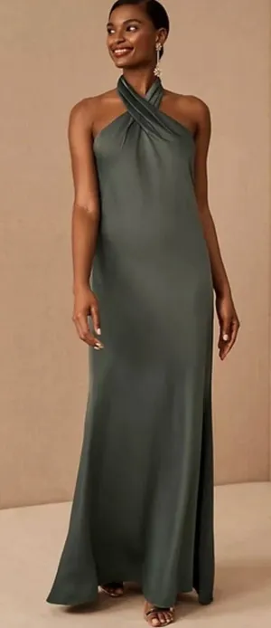 BHLDN Ruby Satin Charmeuse‎ Halter Maxi Dress Size 14 Sage Green Backless thumbnail 1