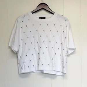 NWT J. CREW Relaxed Lattice Embellished Crop Tee White Small thumbnail 4