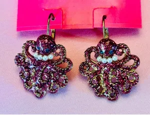 $40 NWT Betsey Johnson octopus sparkle glitter pearl whimsy earrings thumbnail 1