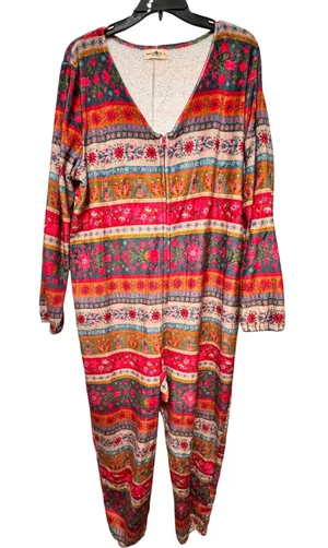 Natural Life Boho Floral Striped Fleece Jumpsuit‎ One Piece Pajama Lounger Large thumbnail 1