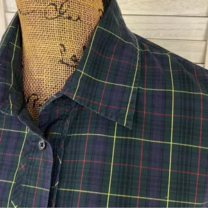 Tommy Hilfiger Plaid Ruffle Cuff Trim Button Front‎ Shirt Green Navy Medium thumbnail 5