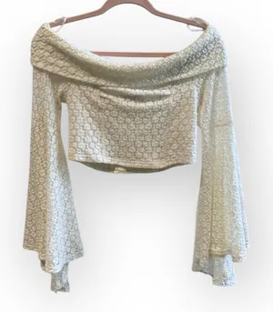 By Together Off-Shoulder Bell Sleeve Crop Top | Ivory Lace | Size M | NWT thumbnail 1