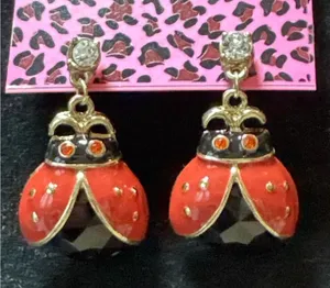 Betsey Johnson Ladybug Dangle Earrings Red Black Goldtone thumbnail 1