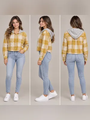 American Eagle Hooded Plaid Flannel Shirt Women Small Mustard Yellow Cropped thumbnail 2