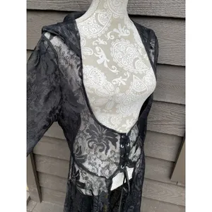 Whimsigoth Witchy Goth Hooded Sheer Lace Maxi Duster Cardigan Black Victorian M thumbnail 14