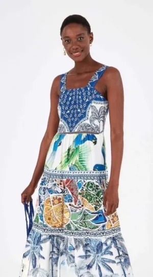 Farm Rio Blue Valeria Maxi Dress Women Large Multi Tropical Boho Tiered Lace thumbnail 1