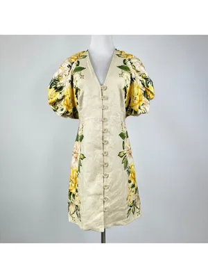 NWOT Farm Rio Linen Sand Garden Cascade Puff Sleeves Mini Dress Size M thumbnail 3
