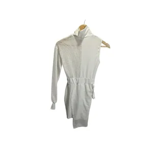 Shein Ivory Cream Mini Cocktail Dress Mesh S One Sleeve Mock Neck Stretch‎ thumbnail 5