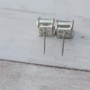 Vintage Stud Earrings Clear Square Gem 3/8" Silver thumbnail 6