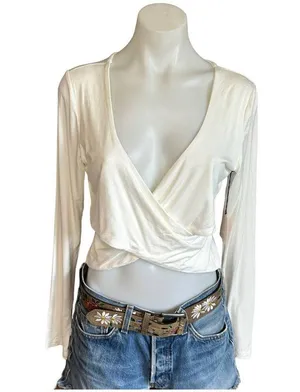 Superdown White Wrap Crop Top XL Cotton Long Sleeve Plunging Matilda Revolve NEW thumbnail 4