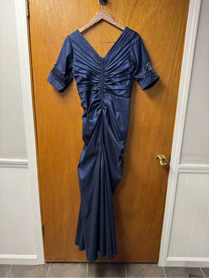 Tadashi Shoji Side Ruched Jeweled Beaded Long Maxi Gown Dress Navy Blue 8 thumbnail 12