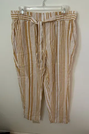 Land 'n Sea Womens Sz M Pull On Pants Linen Blend Elastic Waist Gold Stripe NEW thumbnail 1