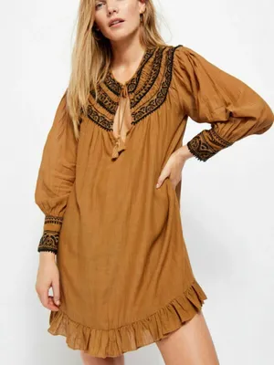 Free People Anthropologie Erin Embroidered LS Bronze Keyhole Mini Dress Size med thumbnail 1