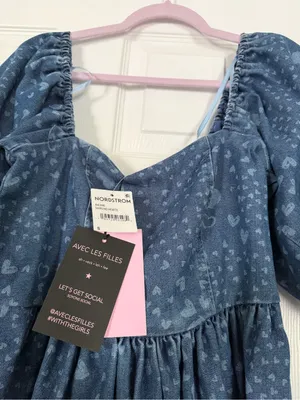 Avec Les Filles Bow Back Puff Sleeve Hearts Denim Mini Dress thumbnail 6