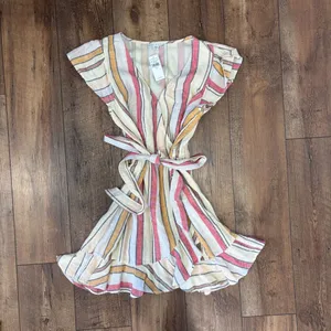 American Eagle Linen Blend Cream Pink Wrap Mini Ruffle Dress Women’s Size M NWT thumbnail 2