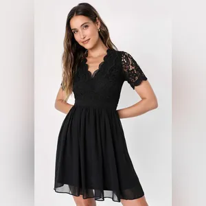 Lulus | Angel in Disguise Black Lace Skater Dress, Size M thumbnail 2
