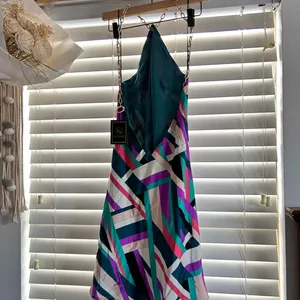 Festival party colorful Geometric Chain Strap open back halter Mini Dress M thumbnail 4