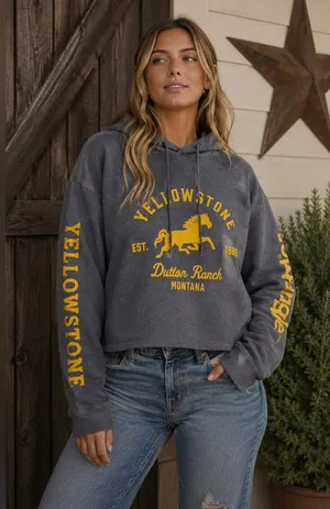 Wrangler x Yellowstone Dutton Ranch Cropped Graphic Hoodie Sweatshirt thumbnail 1
