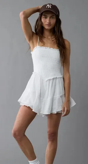 American Eagle White Bella Smocked Tiered Ruffle Romper Women Large NWT thumbnail 1