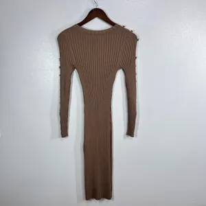 Bebe Ribbed Knit Bodycon Dress Womens XS Sesame Tan Gold‎ Button Shoulder Slit thumbnail 4