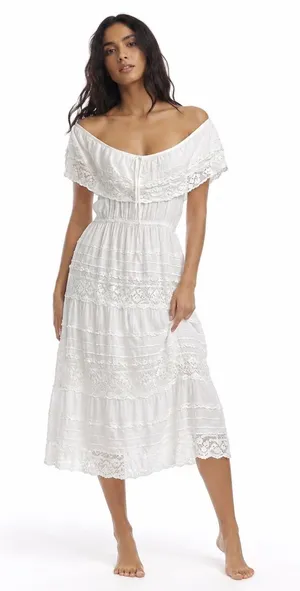 Vtg Women Off Shoulder Dress L White Small‎ Boho Cottagecore Lace Tiered Fairy thumbnail 1