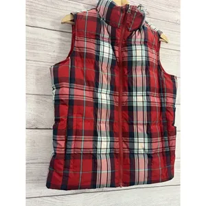 Lands End Down Puffer Vest Women SZ SMALL Full Zip Red Plaid Outdoors Nature thumbnail 3