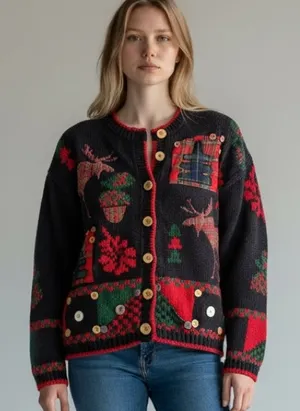 Vintage Bridgewater Women's Festive Navy and Red Sweater Cardigan thumbnail 1