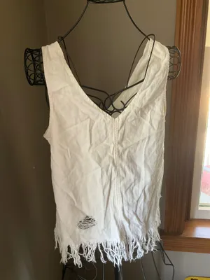 American Eagle White V-Neck Sleeveless Distressed Denim Top Sz. M thumbnail 3