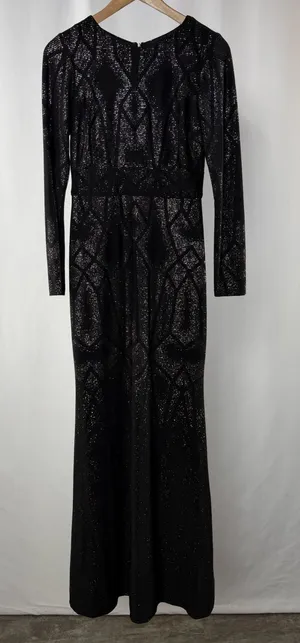 Betsy & Adam Long Sleeve Evening Gown in Black Sparkle Size Petite 4‎ thumbnail 1